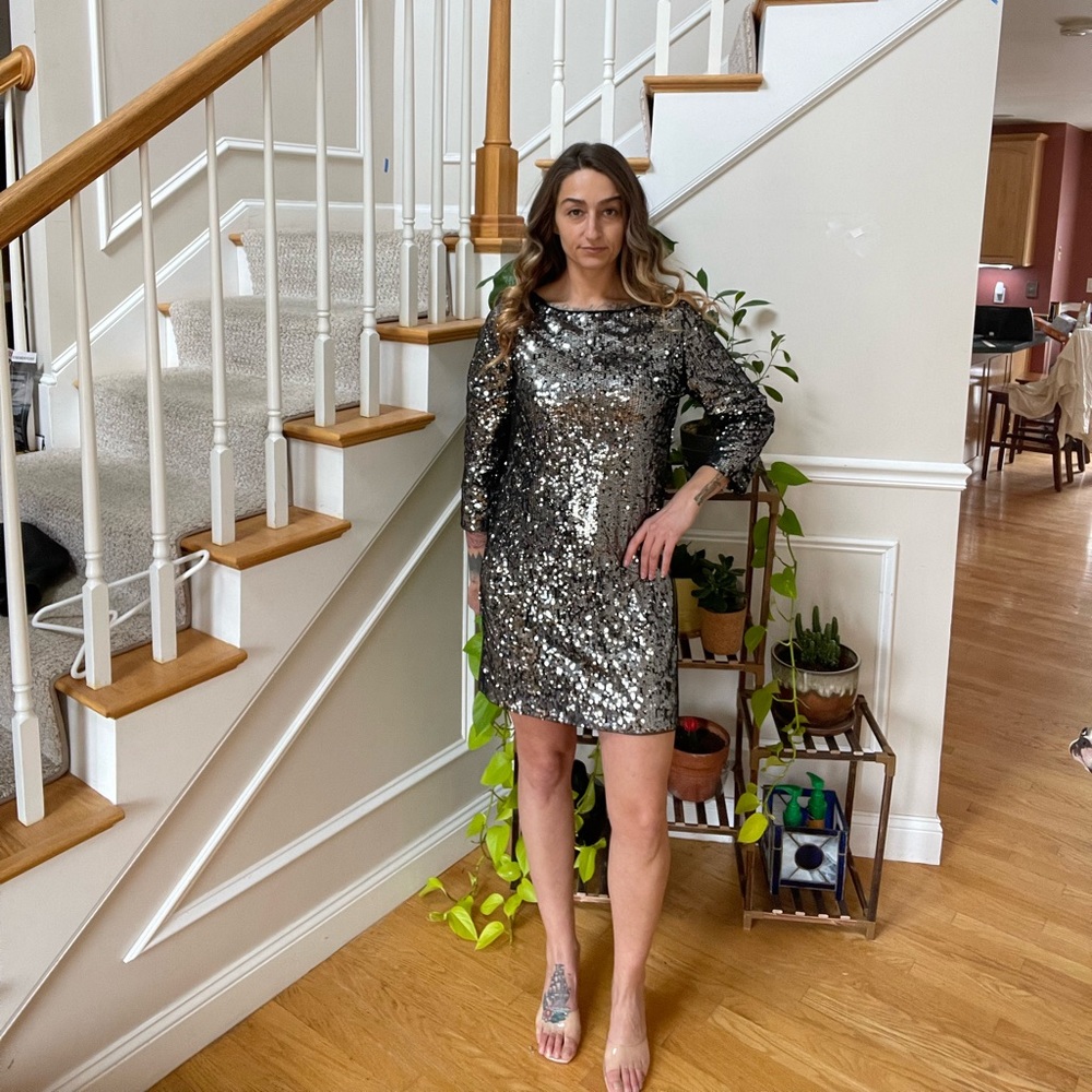 T. Tahari Silver Sequin Night-Out Dress